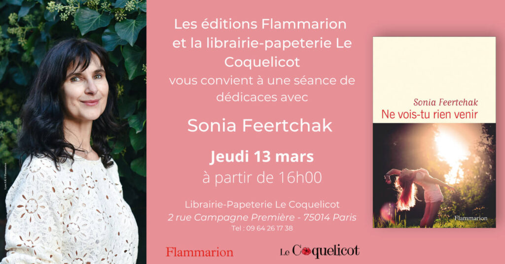Flyer de la séance de dédicaces de Sonia Feertchak à la librairie-papeterie Le Coquelicot